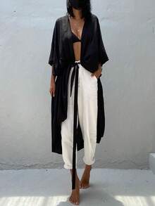 Kimonos For Women Swimsuit Beach Cover Up Swimwear Cardigan Summer - màu đen - Xem 5