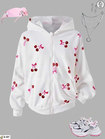 Girls' Fashionable Casual Cherry Print Zipper Hooded Sweatshirt, Warm In Autumn And Winter, Long Sleeved Top For Graduation, Back To School And Daily Outdoor Wear