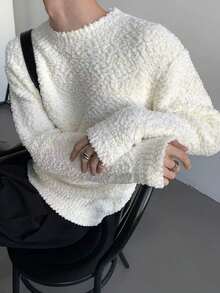 Men White Minimalist Solid Color Versatile Loose Textured Crew Neck Knit Sweater, Christmas, New Year - Beige - View 1