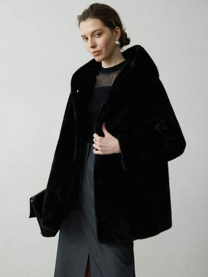 Versatile Faux Mink Hooded Fur Coat, Warm Faux Fur Jacket, Loose Fit Slouchy Style Top For Women, Winter Outerwear, Suitable For Christmas, Thanksgiving, New Year Black