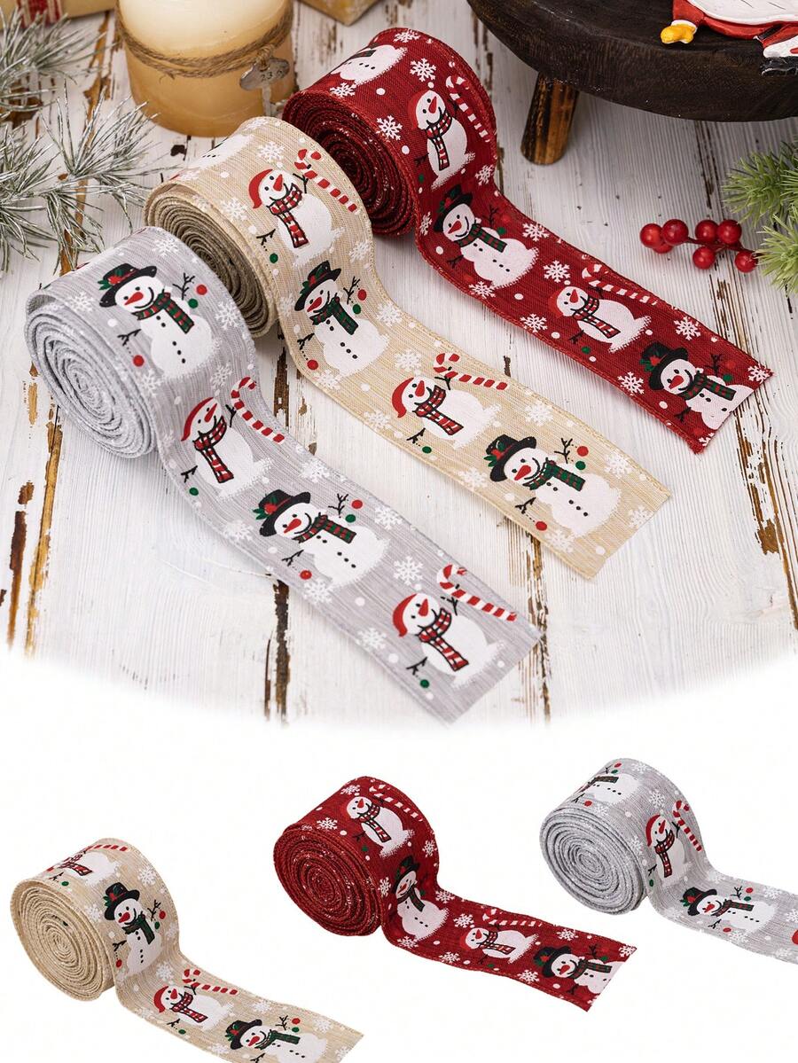 3pcs/1pc - Christmas Ribbon, Red, Linen, Grey, Christmas Snowman Pattern, Vintage Style, Suitable For DIY Wreaths, Gift Wrapping, Decoration - Christmas Tree Decoration Gift Wrapping Ribbon Bow DIY Crafts - Vintage Style, Suitable For DIY Wreaths, Gift Wrapping, Decoration - Multicolor - View 1
