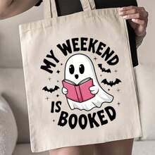 Halloween Book Lover's Tote Bag - Funny Reading Book Print My Weekend Is Booked - Spooky Open Top Shoulder Bag Women & Men - Washable Beige/Black Literary Design - Everyday, Weekend, Parties - Great Readers & Bibliophiles, Book Bag, Casual Carryall, Playful Graphic, Sturdy Construction, Bookish Accessory