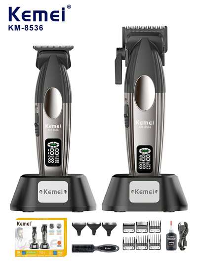 Kemei 2 pièces/set Tondeuses à cheveux électriques professionnelles pour hommes pour salon de coiffure, type C rechargeables sans fil, machine de coupe de cheveux avec base 9000 tr/min, affichage LCD (1 set)