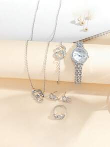 (Không hộp) Bộ đồng hồ thạch anh mặt số La Mã thời trang đơn giản dành cho thanh thiếu niên, dây đeo bằng thép đính kim cương + vòng tay hình trái tim, thích hợp cho sinh nhật, tốt nghiệp, khuyến mãi cuối năm, 6 món/bộ - trắng - Xem 10