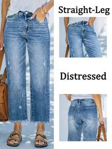 Comfortable Loose Fit Stretchy Distressed Frayed Hem Straight Leg Jeans, Women Street Style Washed Blue Denim Pants
