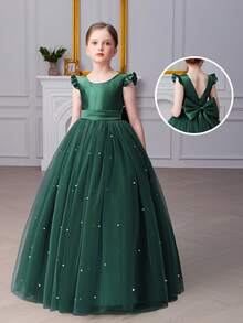 Tween Girl Green Tulle Handmade Beaded Bow Party Dress, Elegant Princess Dress Suitable For Girls Birthday Party, Banquet, Prom, Flower Girl, Wedding, Holiday Celebration - Dark Green - View 5