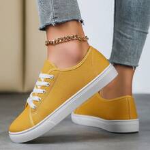 Women's Low-Top Soft-Soled Flat Casual Shoes, Simple And Fashionable, Versatile Women's Shoes. Lightweight Daily Sports Shoes With PVC Cushioning Insoles - Women's Casual Shoes, Suitable For All Seasons, Ideal For Office, Outdoor And Party Occasions - Easy-To-Clean Polyurethane Synthetic Fabric Upper, Simple Design, Rubber Sole, Breathable Material, Comfortable For Daily Wear. - 黃色 - 查看 5
