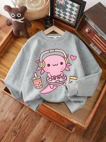 2pcs Set, Young Girl Cartoon Print Crew Neck Sweatshirt And Cuffed Pants, Casual, Autumn,Daily Wear,Back To School Outfits - Grey - View 4