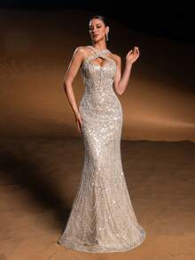 Elisanya Haute Glamour 优雅闪亮串珠交叉领口美人鱼礼服，配有可调节后系带和亮片鱼尾下摆 - 适合红毯晚会、黑色领带婚礼、正式慈善舞会、歌剧之夜和女性奢华颁奖典礼 - 香檳色 - 查看 6