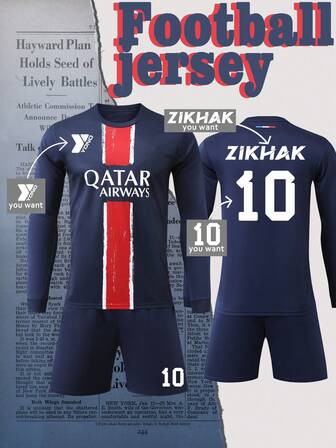 Customizable Men'S Soccer Jersey -Long Sleeve Football Top With Personalized Name & Number, Polyester Knit Fabric, Slight Stretch, All-Season Sports Style For Training, Parties, Beach, Outdoor Activities