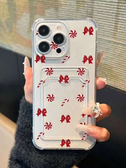 1pc Fashion Christmas Bow Candy Cane Pattern Transparent Phone Case, Shockproof Protective Cover Compatible With IPhone XS/XS Max/XR/11/12/13/14/14 Plus/15/15 Plus/16/16 Plus/7/8 Plus And Other Models