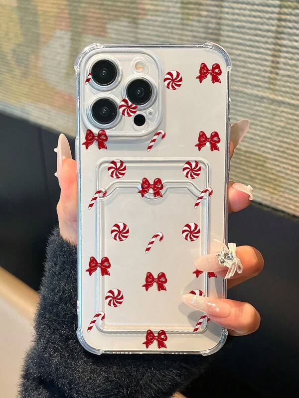 1pc Fashion Christmas Bow Candy Cane Pattern Transparent Phone Case, Shockproof Protective Cover Compatible With IPhone XS/XS Max/XR/11/12/13/14/14 Plus/15/15 Plus/16/16 Plus/7/8 Plus And Other Models