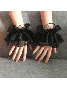 1 Pair Lace Cuffs For Women, Lolita Fashion Accessory, Suitable For Wedding Dress, Cosplay Valentine's Day Valentines - màu đen - Xem 2