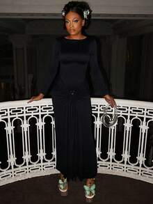 Ladies' Elegant Temperament, Decorative Ring Buckle, Solid Color, Long Sleeved, Bodycon, Tight Strap, Long Skirt