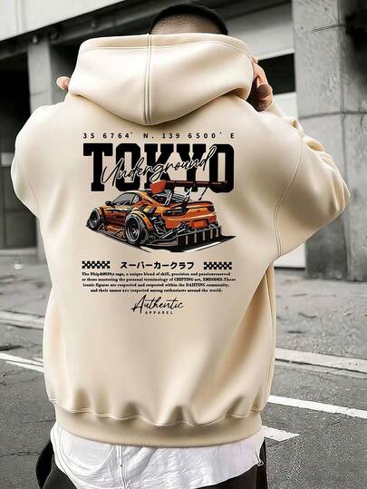 Sudadera holgada con capucha con estampado de eslogan y coche de carreras, casual para hombre, otoño