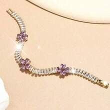 1 قطعة سوار تنس فاخر بشكل قلب ذهبي، 1 قطعة سوار تنس أنيق بشكل قلب للنساء مرصع بأحجار الزركونيا البنفسجية | سوار للذكرى السنوية، مجوهرات لامعة - هدية مثالية لعيد الحب والذكرى السنوية