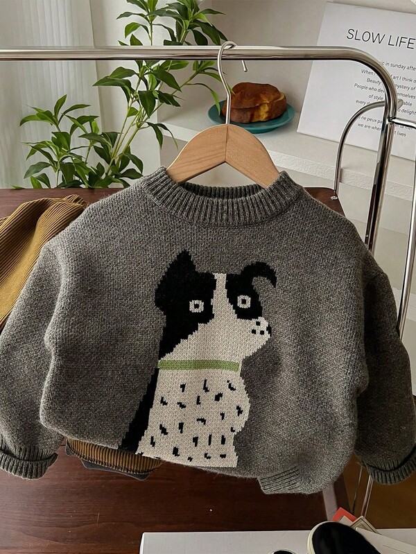 Maglione natalizio a motivi cartoni animati per ragazzi, maglione girocollo grigio spesso e caldo lavorato a maglia, top in lana di moda per bambini adatto per autunno/inverno