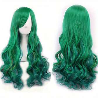 71.12 Cm 28 Inch Curly Wave Cosplay Wig European Series Dress Up Wig Green, Long Synthetic Hair With Bangs, Vibrant Party Carnival Music Festival And Halloween Use
