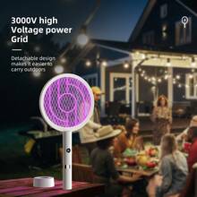 Raqueta Mosquitos 2 en 1, 3000 V Mata Mosquito Eléctrico Recargable USB, Trampa UV Plegable para Mosquitos, Portátil Atrapamoscas Fuerte para Cocina Jardín Terraza Dormitorio - Blanco - Ver 3