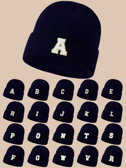 Bonnet tricoté pour enfant avec motif 26 lettres, bonnet chaud bleu marine, à porter au quotidien, pour enfants, bébés, adolescents, garçons et filles de 1 à 18 ans.