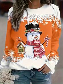 بلوزة رياضية بياقة طاقم وأكمام طويلة مطبوعة بتصميم رجل الثلج للمرأة ذات المقاسات الكبيرة، وصول جديد لعيد الميلاد