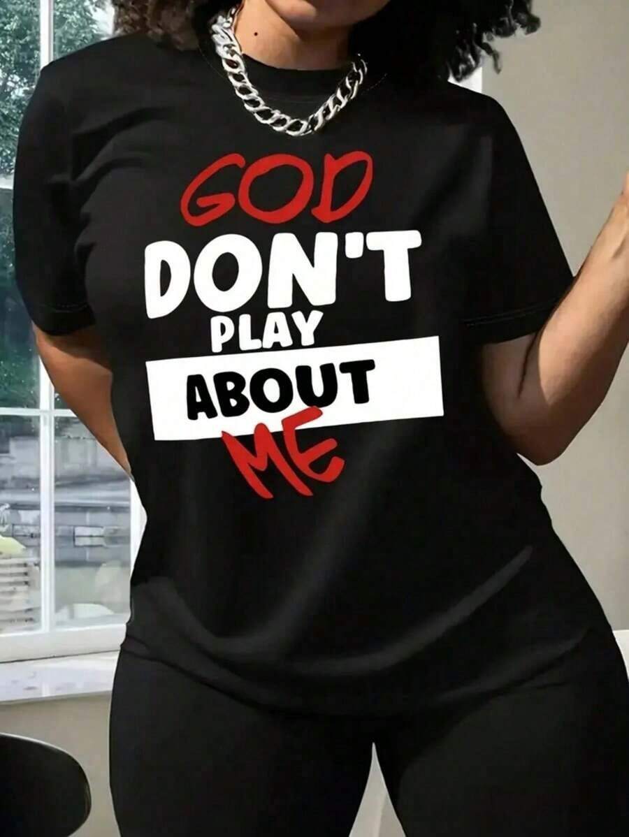 Women's-ShirtPlus Size Casual Shirt With Inspirational God Don About Me Quote Print American Women Women Size L- Fashionable Women's Clothingshirts,Clothes,White Top,Graphic Tee,Suitable Gym, Workouts, Everyday Casual Wear, And Street Style. - 黑色 - 查看 1