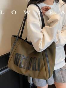 low tea 1 件纯色绒面革单肩包，女士休闲复古时尚大容量单肩手提包，拉链开合，适合旅行、购物、约会、女士礼物，适合少女、大学生和白领，非常适合办公室、校园、工作、商务、通勤、户外、旅行、野餐 - 綠色 - 查看 6