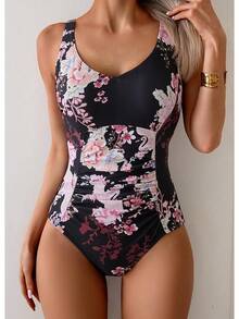 Tummy Control One Piece Swimsuit With Ruched Design - Black Floral Print - View 10