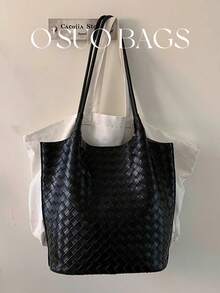 2pcs Vintage Commuter Style Knitted PU Leather Bucket Bag Set, Large Capacity Shoulder Bag For Women, Autumn/Winter - Black - View 1