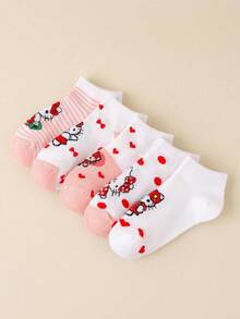 5 pares de calcetines tipo tobillero para niños con estampado de Hello Kitty de Sanrio, en esquema de color rosa y blanco con detalles de corazón rojo y moño, con adorables estampados de Hello Kitty en diferentes atuendos, hechos de material suave y transpirable que asegura un uso cómodo y una elasticidad suave, en un estilo de dibujos animados dulce, perfectos para atuendos escolares diarios, regalos de cumpleaños, juegos casuales