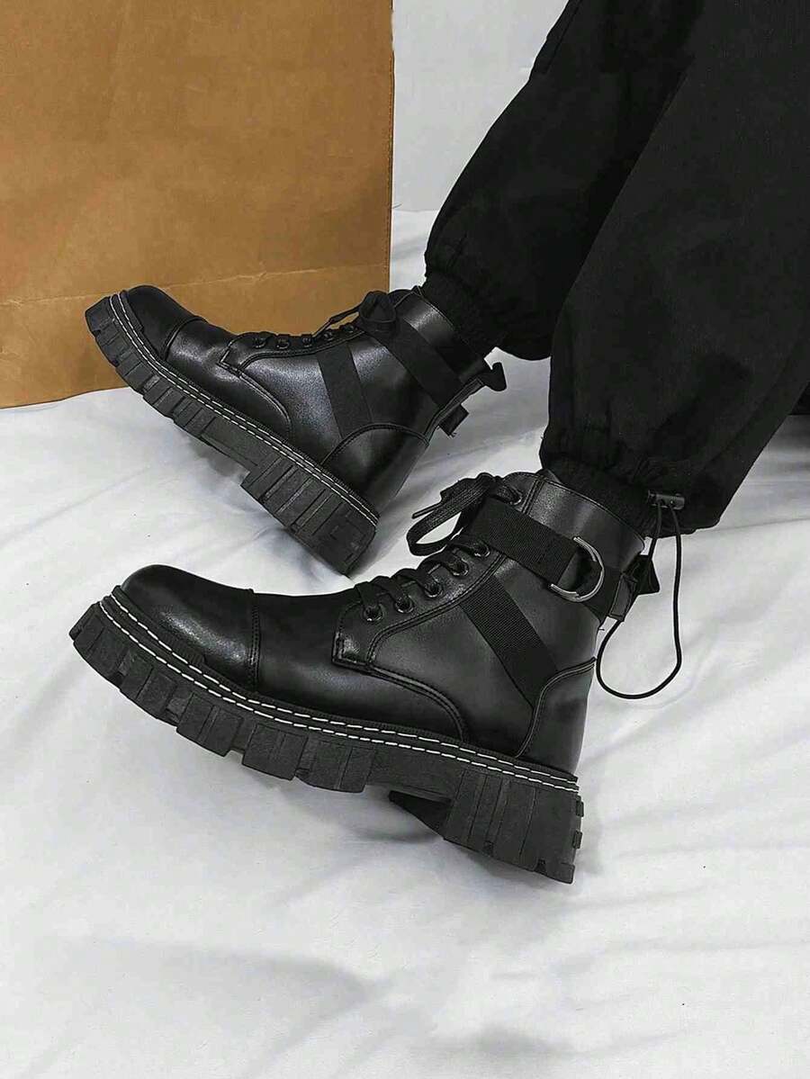 SLNU★3 Brand Men's Fashionable Thick Sole High-Top Boots  Punk  Preppy  Casual    Suitable For Outdoor  Four Seasons - 黑色 - 查看 1