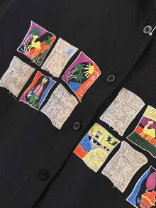 女士纯色印花前开襟休闲长袖衬衫，黑色，适合度假和春季穿着 - 黑色 - 查看 4