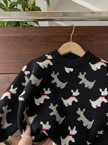 Unisex Kids' Casual Christmas Dog Pattern Knitted Sweater, Warm Pullover Crew Neck Knitwear For Autumn/Winter - Black - View 3