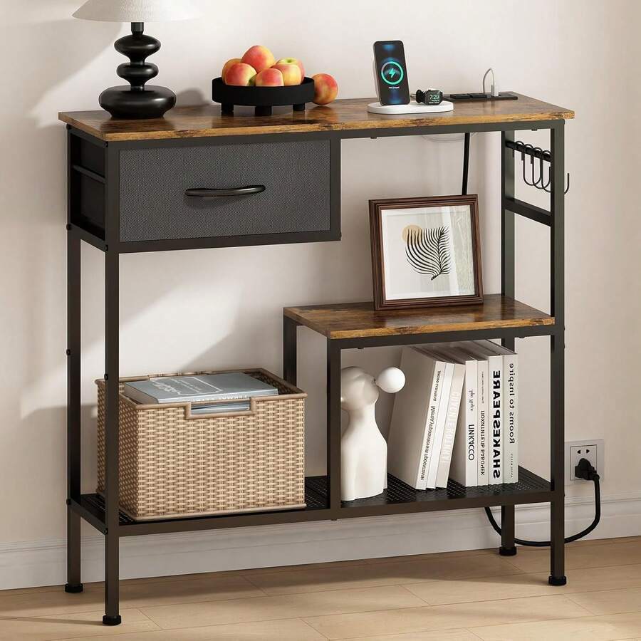 Uzelia Mesa Consola de 3 Niveles con Enchufes y Puertos USB, Mesa de Entrada con Cajón de Tela, Estante Organizador Recibidor Moderno, para Sala de Estar, Sofá, Vestíbulo - Minimalista-A - Ver 1