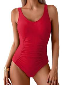 Tummy Control One Piece Swimsuit With Ruched Design - Red - View 1
