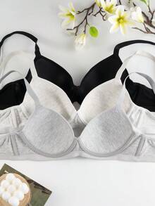 3pcs Solid Color Minimalist Comfortable Breathable Lightweight Wireless Bra, Cotton Adjustable Strap
