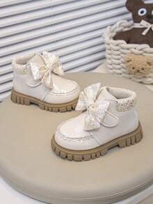 1 Pair Children's Fashion New Smooth PU Material Hook And Loop Design Convenient To Wear, Bow Decor, Non-Slip Soft Durable Outsole Chelsea Boots, Suitable For Girls To Wear To School, Outdoor, Home, Spring, Summer, Autumn - Beige - View 4