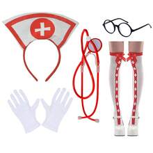 Conjunto de 5/7 peças para cosplay de Natal, adereços para fantasia de Halloween, adereços divertidos de enfermeira, brinquedo adulto, adereços de enfermeira para simulação de médico, uniforme de enfermeira para festa em bar, itens de novidade para adultos, adereços para fantasia de enfermeira: estetoscópio, touca de enfermeira, meias de enfermeira, tiara cruzada sexy de enfermeira, ideal para brincadeiras de Dia dos Namorados, para todas as estações (casal, brincadeiras de faz de conta, fantasia de enfermeira)