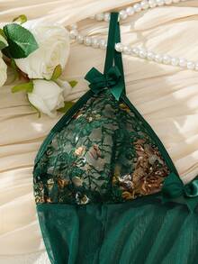 Sexy Lingerie Women'S Floral Embroidered Lingerie Dress With Bow Detail - Deep V-Neck, Thong Panties, And Garter Belt, No Bra Pad, Adult Size, Green With Golden Accents, Adult Lingerie Dress | Floral Embroidery | Thong Panties, Lingerie Sets - Green - View 3