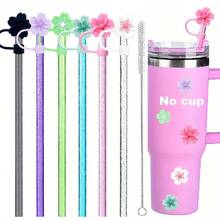 9/13 Stücke Becher Zubehör, Kirschblüten Silikon Strohhalm Abdeckkappe, Strohhalm Aufsatz für 10mm/0,39 Zoll Strohhalme, wiederverwendbarer Glitzer Strohhalm und Reinigungsbürste, perfekt für Outdoor-Aktivitäten und Sport