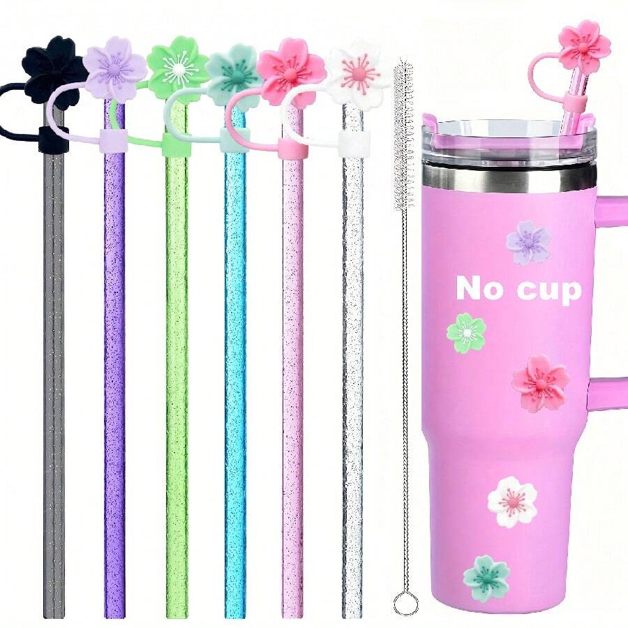 9/13 Stücke Becher Zubehör, Kirschblüten Silikon Strohhalm Abdeckkappe, Strohhalm Aufsatz für 10mm/0,39 Zoll Strohhalme, wiederverwendbarer Glitzer Strohhalm und Reinigungsbürste, perfekt für Outdoor-Aktivitäten und Sport