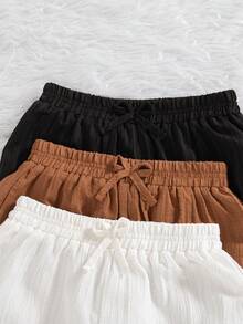 3 件套女童休闲纯色长裤，松紧腰带和蝴蝶结装饰，适合外出，春秋季 - 彩色 - 查看 3