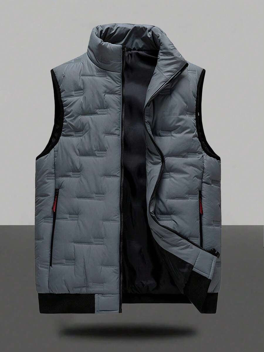 Chaleco grueso y cálido para hombre con bolsillos con cremallera, chaqueta casual, estilo de pareja, forro polar, invierno - Gris - Ver 1