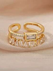 1 件女士新娘结婚戒指；可调节开口，均码；双层设计，绿宝石和方晶锆石；个性化、奢华、金色调；适合婚礼、派对、日常佩戴；情人节皇家万圣节的理想礼物 - 金色 - 查看 7