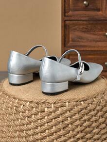 MonaNise 女士3厘米布面包跟黑色时尚百搭藏蓝色、咖啡色、酒红色低跟粗跟优雅玛丽珍平底鞋 - 銀色 - 查看 6