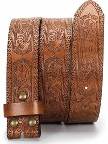 MUGANYI Western Cowboy PU Leather Belt - No Women Waist Strap Bull Decoration Floral Engraved 27 To 39 Waist - 棕色雲層 - 查看 8