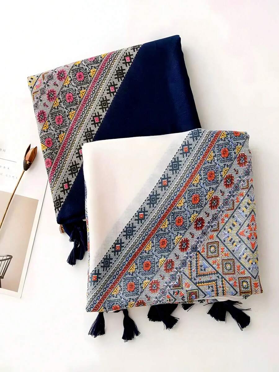 New Rhombus Plaid Artistic Style Square Print Soft Linen Long Scarf Shawl For Sun Protection - Multicolor - View 1