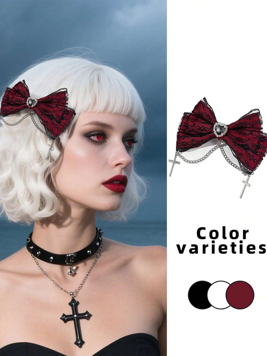1 pezzo Accessorio per capelli da donna in stile gotico scuro, con fiocco in pizzo e croce, fermaglio per capelli a coccodrillo, adatto per abbigliamento gotico, occasioni festive e qualsiasi evento, regalo ideale per la migliore amica, pinze per capelli, fermagli per capelli, Molletta per capelli, fermagli per capelli