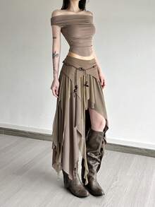 上衣 Dazzle 性感开叉不对称高腰修身半身裙 - 卡其色 - 查看 4