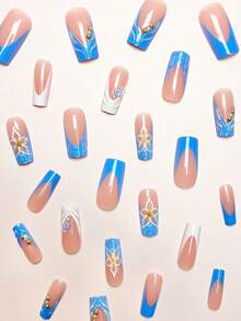瞬间提升你的造型，24片/套法式中长管状美甲，清新蓝色3D珍珠波浪花朵金色边缘渐变闪粉魅力按压式假指甲，增添一丝浪漫气息，让你看起来更甜美。美甲用品 - 藍色 - 查看 2